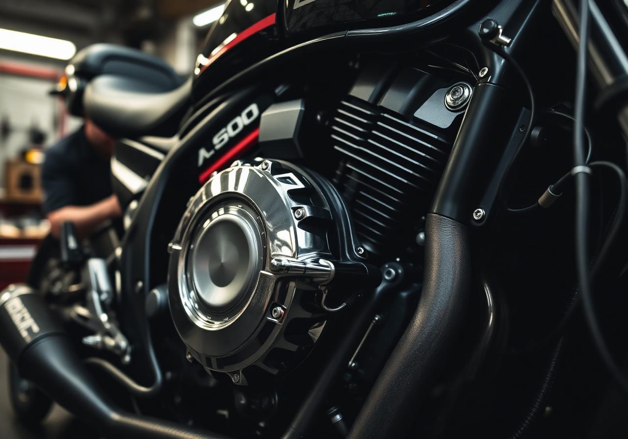 Motorcycle engine close-up in workshop
